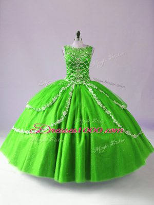 Floor Length Zipper Quince Ball Gowns Green for Sweet 16 and Quinceanera with Beading and Appliques