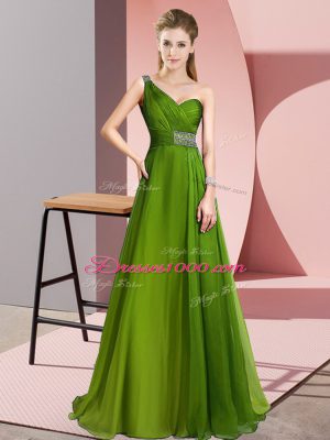 Olive Green One Shoulder Criss Cross Beading Evening Dress Brush Train Sleeveless