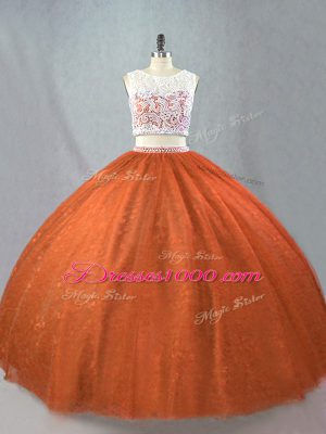 Scoop Sleeveless Quinceanera Dress Floor Length Beading Rust Red Tulle