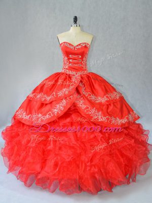 Pretty Red Ball Gowns Sweetheart Sleeveless Organza Floor Length Side Zipper Embroidery and Ruffles Sweet 16 Dresses