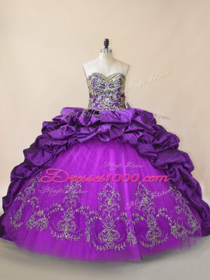 Sleeveless Beading and Pick Ups Lace Up Quinceanera Gown with Purple Brush Train