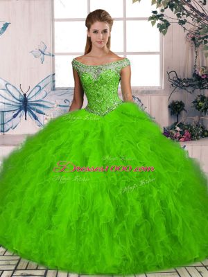 Sleeveless Brush Train Beading and Ruffles Lace Up Quinceanera Gown