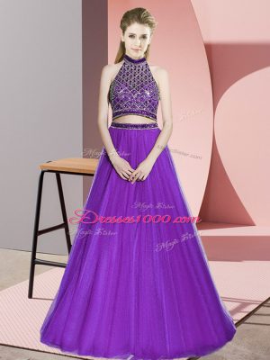 Halter Top Sleeveless Tulle Dress for Prom Beading Backless