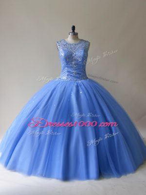 Baby Blue Sleeveless Floor Length Beading Lace Up Vestidos de Quinceanera