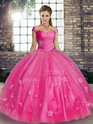 Hot Pink Sleeveless Tulle Lace Up Ball Gown Prom Dress for Military Ball and Sweet 16 and Quinceanera