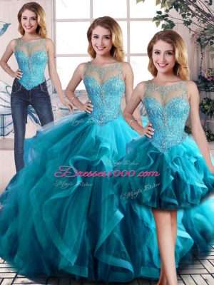 Aqua Blue Sleeveless Floor Length Beading and Ruffles Lace Up Vestidos de Quinceanera