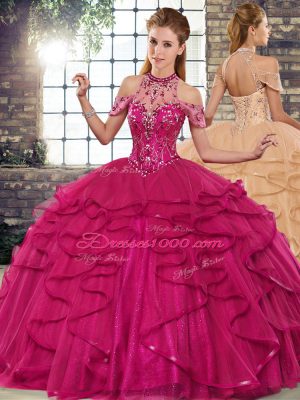 Floor Length Ball Gowns Sleeveless Fuchsia Sweet 16 Dresses Lace Up