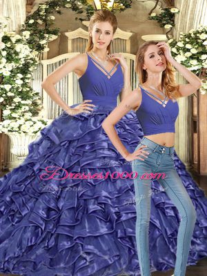 Organza V-neck Sleeveless Brush Train Backless Ruffles Quinceanera Dresses in Lavender