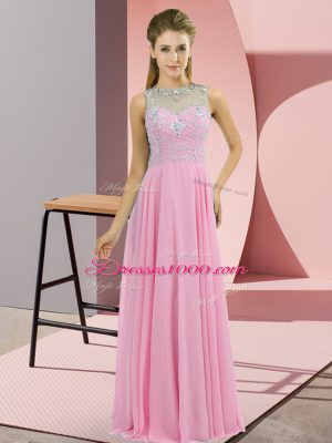 Rose Pink Zipper Prom Dress Beading Sleeveless Floor Length