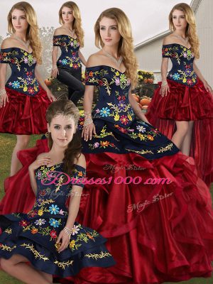 Sleeveless Organza Floor Length Lace Up Quince Ball Gowns in Red And Black with Embroidery and Ruffles