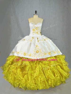 Yellow Sweetheart Neckline Beading and Embroidery and Ruffles Quince Ball Gowns Sleeveless Lace Up