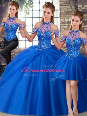 Glittering Halter Top Sleeveless Quinceanera Dresses Brush Train Beading and Pick Ups Blue Tulle