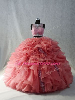 Fantastic Watermelon Red Organza Zipper Ball Gown Prom Dress Sleeveless Floor Length Brush Train Beading