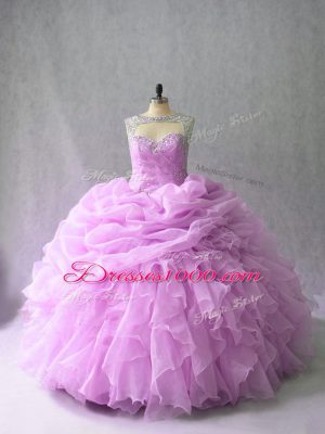 Ideal Sleeveless Organza Brush Train Lace Up 15 Quinceanera Dress in Lilac with Beading and Ruffles