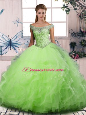 Off The Shoulder Sleeveless Tulle Quinceanera Gown Beading and Ruffles Lace Up