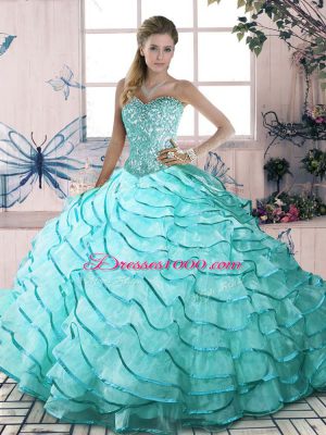 Graceful Ball Gowns Sleeveless Aqua Blue Vestidos de Quinceanera Brush Train Lace Up