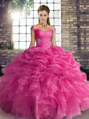 Superior Floor Length Hot Pink Quinceanera Gown Off The Shoulder Sleeveless Lace Up