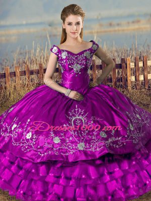 Charming Purple Satin and Organza Lace Up Off The Shoulder Sleeveless Floor Length Quinceanera Gowns Embroidery and Ruffled Layers