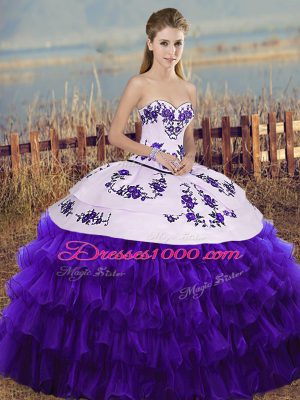 Admirable White And Purple Sweetheart Neckline Embroidery and Ruffled Layers and Bowknot Ball Gown Prom Dress Sleeveless Lace Up