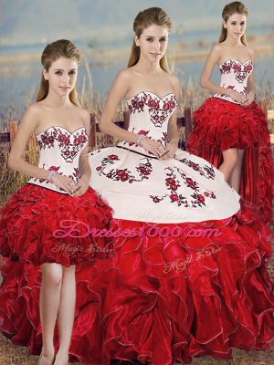 Fantastic White And Red Quinceanera Gowns Military Ball and Sweet 16 and Quinceanera with Embroidery and Ruffles and Bowknot Sweetheart Sleeveless Lace Up