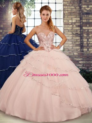 Glittering Peach Sweetheart Lace Up Beading and Ruffled Layers Sweet 16 Dress Brush Train Sleeveless