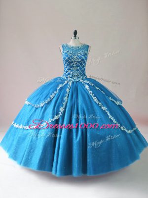 Blue Sleeveless Floor Length Beading and Appliques Lace Up Quinceanera Gown