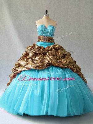 Perfect Aqua Blue Ball Gowns Organza and Printed V-neck Sleeveless Beading and Pick Ups Lace Up Quinceanera Dress