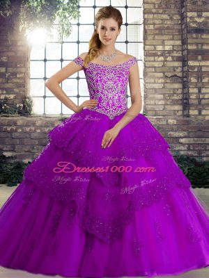 Purple Lace Up 15th Birthday Dress Beading and Lace Sleeveless Brush Train