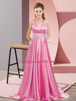 Great Rose Pink Backless V-neck Beading Evening Dress Elastic Woven Satin Sleeveless Brush Train