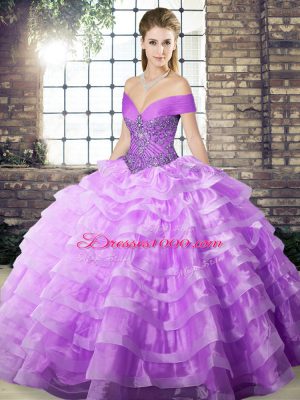 Nice Lavender Off The Shoulder Neckline Beading and Ruffled Layers 15th Birthday Dress Sleeveless Lace Up