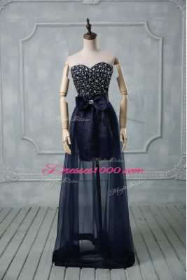 Glorious Navy Blue Prom Dresses Prom and Party with Beading and Bowknot Sweetheart Sleeveless Lace Up