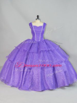 Top Selling Floor Length Lace Up 15 Quinceanera Dress Lavender for Sweet 16 and Quinceanera with Beading and Ruffled Layers