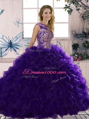 New Style Purple Sleeveless Beading and Ruffles Floor Length Quince Ball Gowns