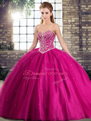 Fuchsia Tulle Lace Up Sweet 16 Dresses Sleeveless Brush Train Beading