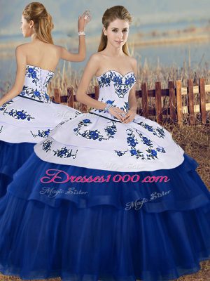 Beauteous Royal Blue Sleeveless Floor Length Embroidery Lace Up Quince Ball Gowns