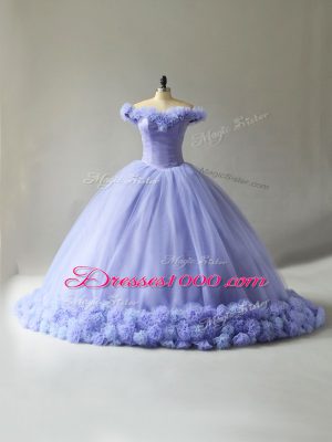 Lavender Ball Gowns Off The Shoulder Sleeveless Tulle Court Train Lace Up Hand Made Flower Quinceanera Gown