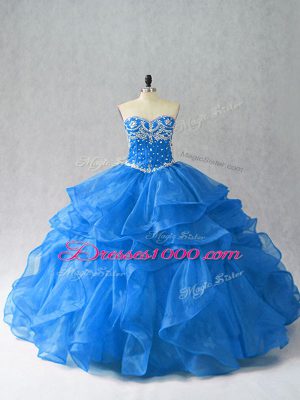 Customized Sleeveless Organza Floor Length Lace Up Quince Ball Gowns in Blue with Beading and Ruffles