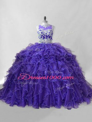 Purple Scoop Zipper Beading and Ruffles Quinceanera Dresses Brush Train Sleeveless