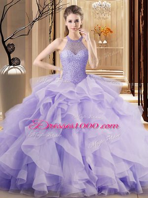 Flare Lavender Ball Gowns Halter Top Sleeveless Organza Sweep Train Lace Up Beading and Ruffles Quinceanera Dress