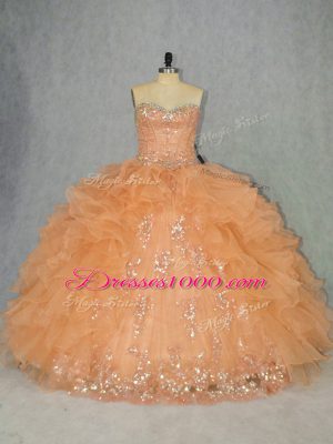 Modest Beading and Ruffles Sweet 16 Quinceanera Dress Orange Lace Up Sleeveless