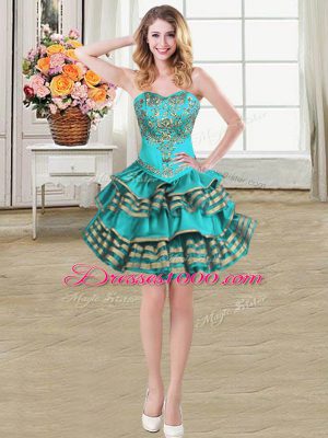 Cute Teal Sweetheart Lace Up Embroidery and Ruffled Layers Homecoming Dress Sleeveless