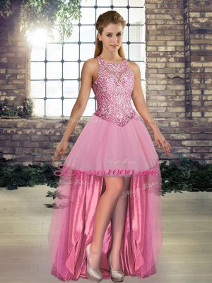 Amazing Sleeveless High Low Beading Lace Up Celebrity Prom Dress with Pink