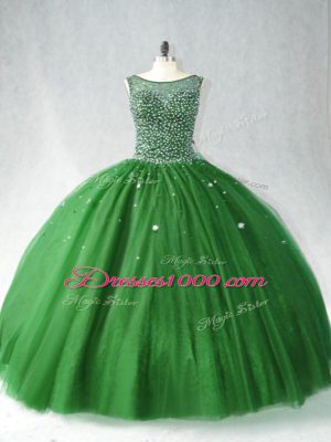 Discount Dark Green Tulle Zipper Scoop Sleeveless Quinceanera Gown Brush Train Beading