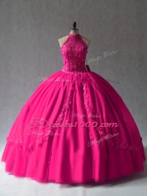 Floor Length Fuchsia 15 Quinceanera Dress Halter Top Sleeveless Lace Up