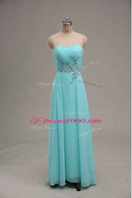 Floor Length Zipper Homecoming Dress Aqua Blue for Prom and Party and Military Ball with Appliques and Ruching