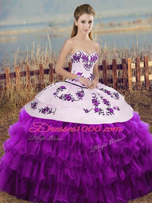 Customized Organza Sweetheart Sleeveless Lace Up Embroidery and Ruffled Layers and Bowknot 15 Quinceanera Dress in White And Purple