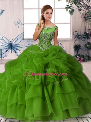 Beading and Pick Ups 15th Birthday Dress Green Zipper Sleeveless Brush Train