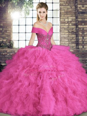 Hot Pink Ball Gowns Beading and Ruffles 15th Birthday Dress Lace Up Tulle Sleeveless Floor Length