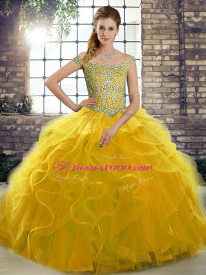 Fantastic Gold Ball Gown Prom Dress Military Ball and Sweet 16 and Quinceanera with Beading and Ruffles Off The Shoulder Sleeveless Brush Train Lace Up