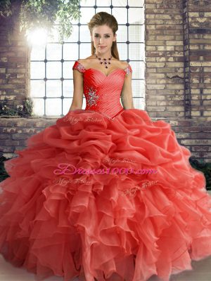 Floor Length Orange Red Vestidos de Quinceanera Organza Sleeveless Beading and Ruffles and Pick Ups